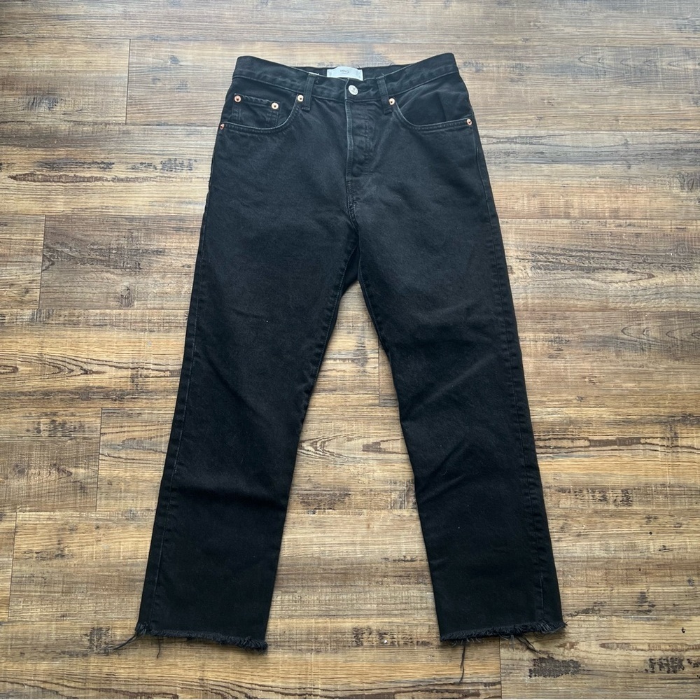 MNG Havana Women’s Black High Rise Straight Leg Button Fly Jeans Frayed Hem Sz 4
